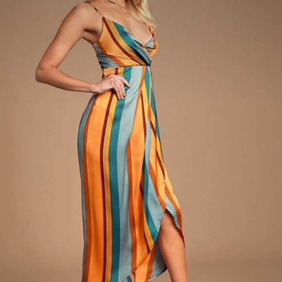 Jovi Orange multiple stripped satin high low mid dress - Picture 2 of 3